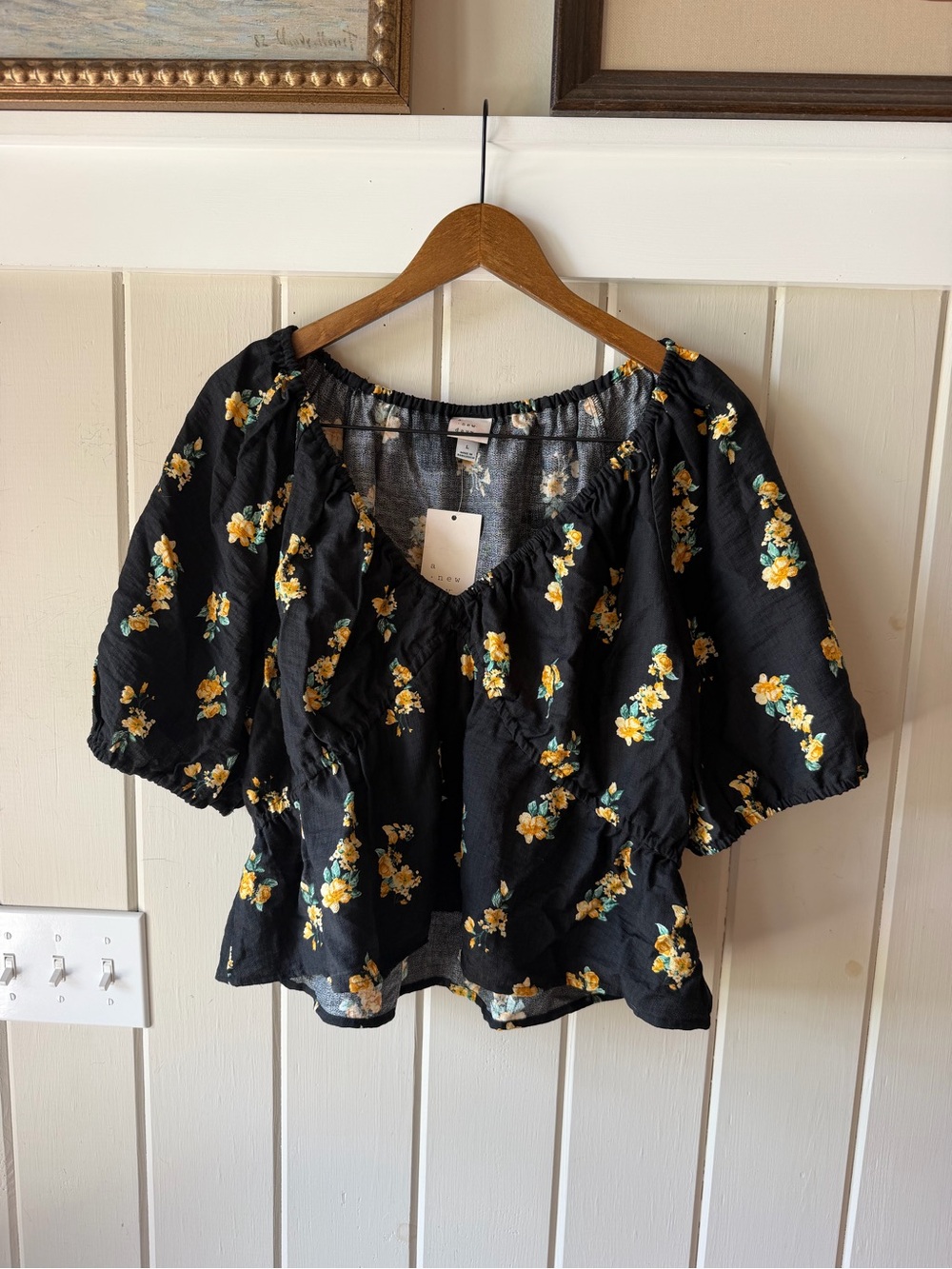 NWOT a new day Black & Yellow Floral Puff-Sleeve Blouse, Size Large